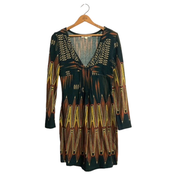 HUNTER Green & Gold Pattern V Neck Dress - Large - Picture 1 of 7